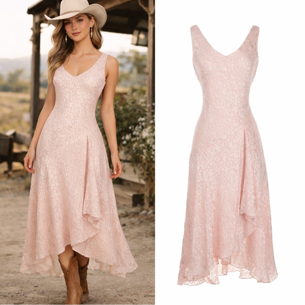 Vintage Ralph Lauren Pink Silk Midi Dress Asymmetrical Flowy Floral 90s Slip XS